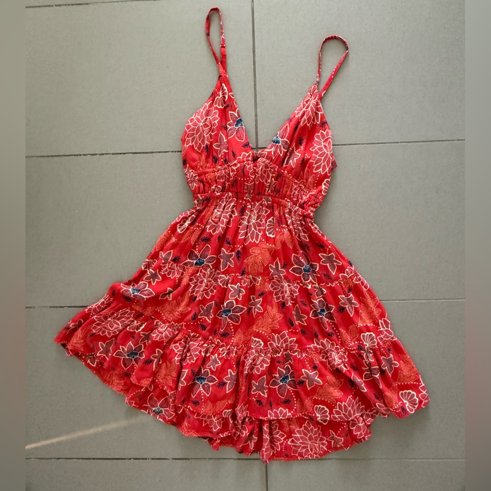 Angie Floral Red Summer Dress Open Tie Back